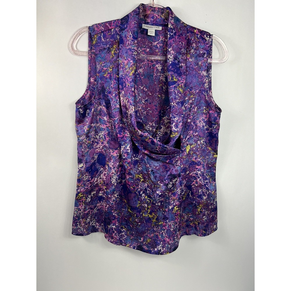 Coldwater Creek Multicolored Sleeveless Satiny Faux Wrap Blouse Size Medium